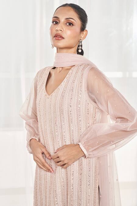 Buy Disha Muchhala Beige Silk, Georgette, Tulle Zari, Sequins, Embroidery V-neck Kurta Pant Set Online at Aza Fashions Buy_Disha Muchhala_Beige Silk, Georgette, Tulle Zari, Sequins, Embroidery V-neck Kurta Pant Set _Online_at_Aza_Fashions