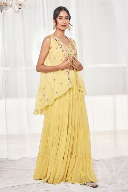 Disha Muchhala Green Silk, Organza, Georgette Sequins, Embroidery V-neck, Jacket Sharara Set Online at Aza Fashions Disha Muchhala_Green Silk, Organza, Georgette Sequins, Embroidery V-neck, Jacket Sharara Set _Online_at_Aza_Fashions