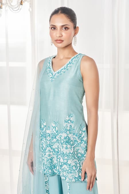 Disha Muchhala_Blue Silk, Organza, Tulle Pearls, Sequins, Patchwork Embroidered Kurta Pant Set _Online_at_Aza_Fashions