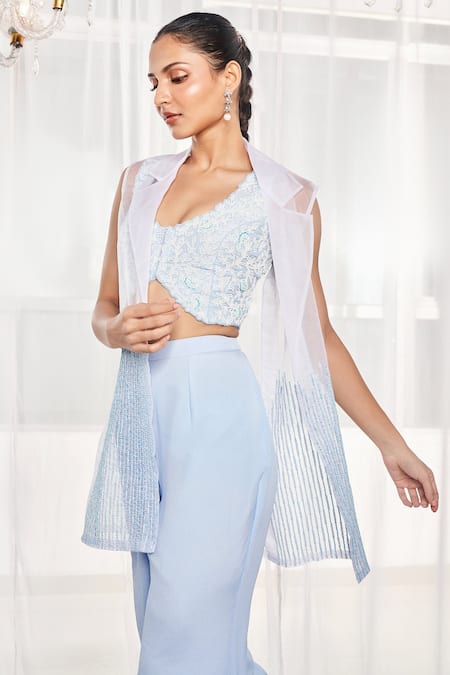Buy_Disha Muchhala_Blue Silk, Organza, Chiffon Cut Work, Sequins, Sleeveless Jacket Pant Set _Online_at_Aza_Fashions