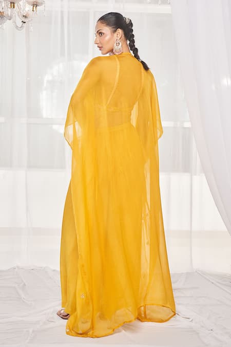 Shop_Disha Muchhala_Yellow Silk, Chiffon Zari, Mirrors, Embroidery V-neck Cape Pant Set _at_Aza_Fashions