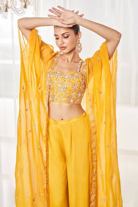 Disha Muchhala_Yellow Silk, Chiffon Zari, Mirrors, Embroidery V-neck Cape Pant Set _Online_at_Aza_Fashions