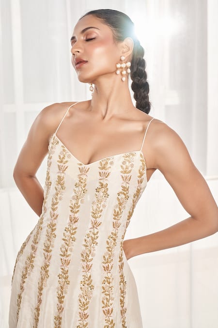 Disha Muchhala_Ivory Silk, Tulle, Georgette Zari, Pearls, Embroidery Anarkali Sharara Set _Online_at_Aza_Fashions