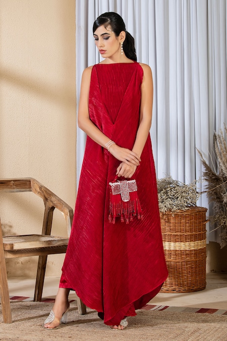 Red Velvet Pant Suit With Georgette Dupatta – Mehak Boutique