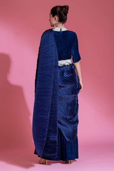 Preeti Mehta Pleated Satin Saree Gown With Embroidered Belt 