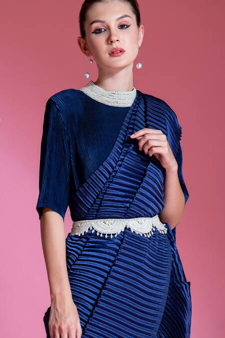 Preeti Mehta_Blue Satin Embroidery, Beads, Tassels Round Neck Pleated Saree Gown With Belt _Online_at_Aza_Fashions