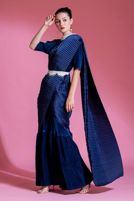 Buy_Preeti Mehta_Blue Satin Embroidery, Beads, Tassels Round Neck Pleated Saree Gown With Belt _Online_at_Aza_Fashions