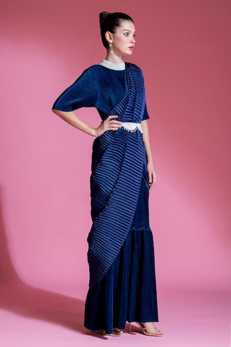 Shop_Preeti Mehta_Blue Satin Embroidery, Beads, Tassels Round Neck Pleated Saree Gown With Belt _Online_at_Aza_Fashions