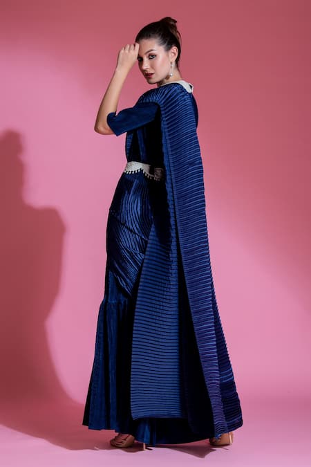 Preeti Mehta_Blue Satin Embroidery, Beads, Tassels Round Neck Pleated Saree Gown With Belt _at_Aza_Fashions