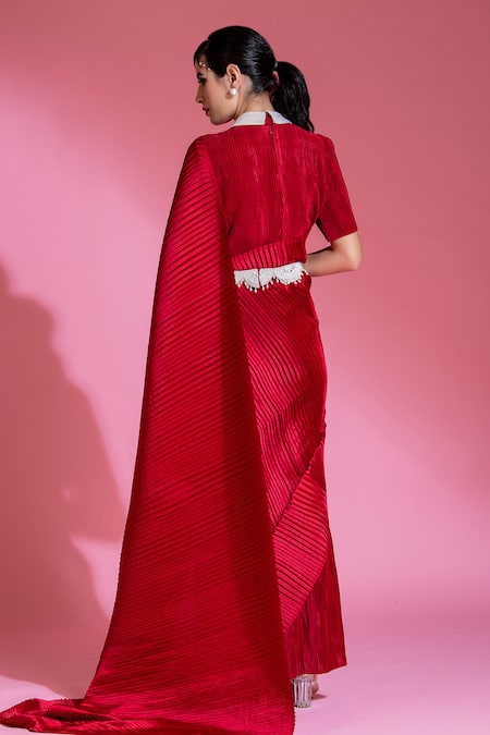 Preeti Mehta Pleated Red Saree Gown With Embroidered Belt 