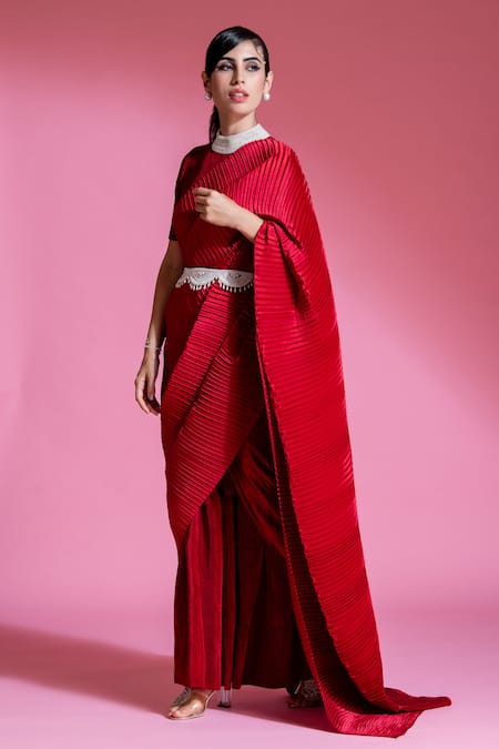 Preeti Mehta_Red Satin Pearls, Beads, Tassels Round Pleated Saree Gown With Embroidered Belt _Online_at_Aza_Fashions