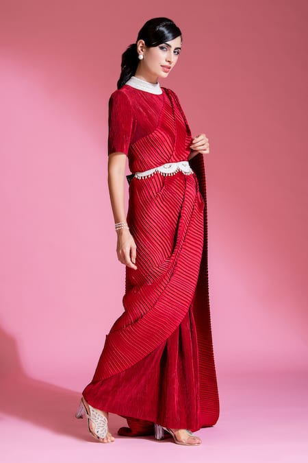 Buy_Preeti Mehta_Red Satin Pearls, Beads, Tassels Round Pleated Saree Gown With Embroidered Belt _Online_at_Aza_Fashions