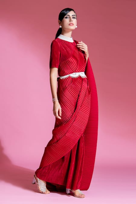 Shop_Preeti Mehta_Red Satin Pearls, Beads, Tassels Round Pleated Saree Gown With Embroidered Belt _Online_at_Aza_Fashions