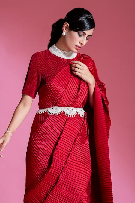 Preeti Mehta_Red Satin Pearls, Beads, Tassels Round Pleated Saree Gown With Embroidered Belt _at_Aza_Fashions