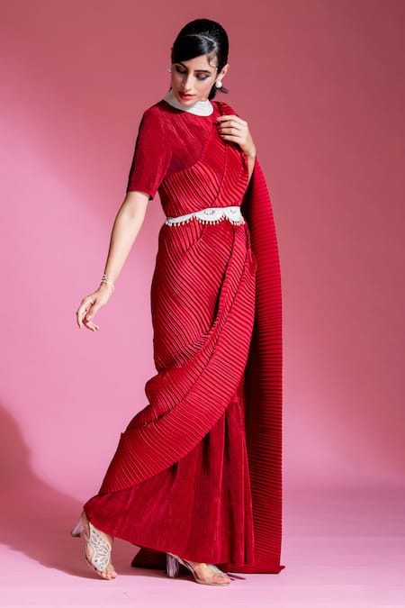 Buy_Preeti Mehta_Red Satin Pearls, Beads, Tassels Round Pleated Saree Gown With Embroidered Belt 