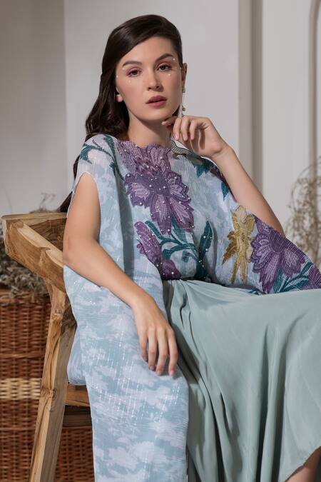 Preeti Mehta Blue Lurex, Viscose Pearls, Embroidery Boat Bloom Print Kaftan And Dhoti Pant Set Online at Aza Fashions Preeti Mehta_Blue Lurex, Viscose Pearls, Embroidery Boat Bloom Print Kaftan And Dhoti Pant Set _Online_at_Aza_Fashions
