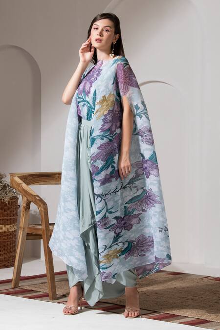 Buy Preeti Mehta Blue Lurex, Viscose Pearls, Embroidery Boat Bloom Print Kaftan And Dhoti Pant Set Online at Aza Fashions Buy_Preeti Mehta_Blue Lurex, Viscose Pearls, Embroidery Boat Bloom Print Kaftan And Dhoti Pant Set _Online_at_Aza_Fashions