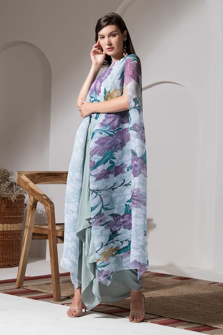 Shop Preeti Mehta Blue Lurex, Viscose Pearls, Embroidery Boat Bloom Print Kaftan And Dhoti Pant Set Online at Aza Fashions Shop_Preeti Mehta_Blue Lurex, Viscose Pearls, Embroidery Boat Bloom Print Kaftan And Dhoti Pant Set _Online_at_Aza_Fashions