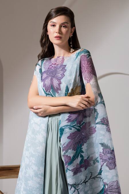 Preeti Mehta Blue Lurex, Viscose Pearls, Embroidery Boat Bloom Print Kaftan And Dhoti Pant Set at Aza Fashions Preeti Mehta_Blue Lurex, Viscose Pearls, Embroidery Boat Bloom Print Kaftan And Dhoti Pant Set _at_Aza_Fashions