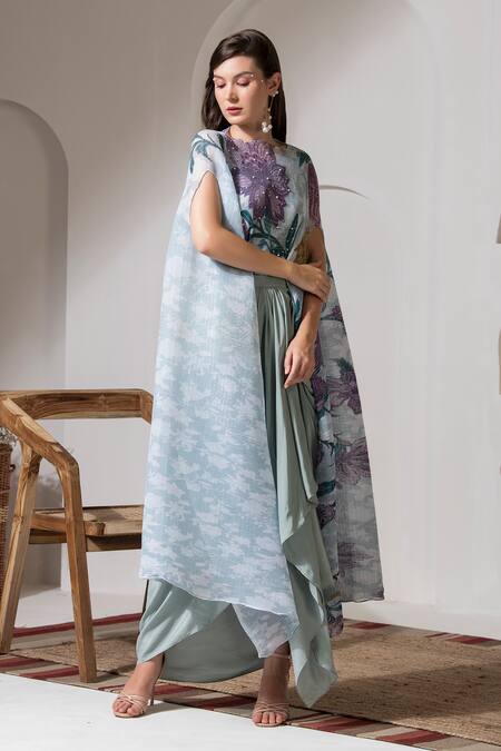 Buy Preeti Mehta Blue Lurex, Viscose Pearls, Embroidery Boat Bloom Print Kaftan And Dhoti Pant Set Buy_Preeti Mehta_Blue Lurex, Viscose Pearls, Embroidery Boat Bloom Print Kaftan And Dhoti Pant Set