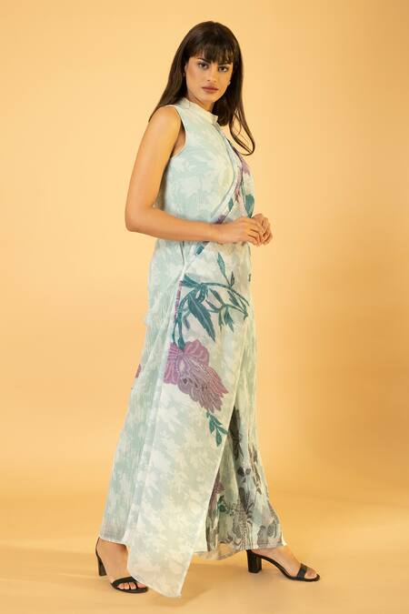 Buy Preeti Mehta Blue Lurex, Polyester Embroidery, Pearls Round Neck Floral Print Draped Jumpsuit Online at Aza Fashions Buy_Preeti Mehta_Blue Lurex, Polyester Embroidery, Pearls Round Neck Floral Print Draped Jumpsuit _Online_at_Aza_Fashions