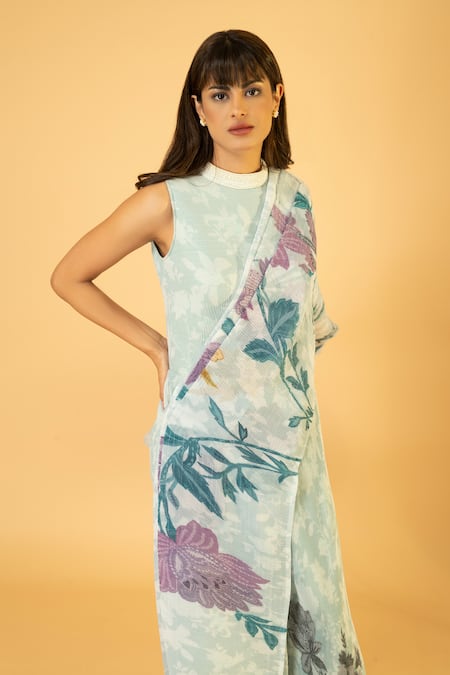 Shop Preeti Mehta Blue Lurex, Polyester Embroidery, Pearls Round Neck Floral Print Draped Jumpsuit Online at Aza Fashions Shop_Preeti Mehta_Blue Lurex, Polyester Embroidery, Pearls Round Neck Floral Print Draped Jumpsuit _Online_at_Aza_Fashions