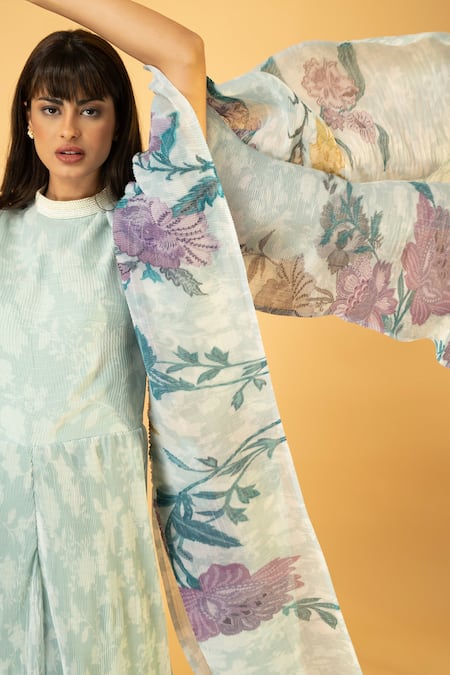 Preeti Mehta Blue Lurex, Polyester Embroidery, Pearls Round Neck Floral Print Draped Jumpsuit at Aza Fashions Preeti Mehta_Blue Lurex, Polyester Embroidery, Pearls Round Neck Floral Print Draped Jumpsuit _at_Aza_Fashions