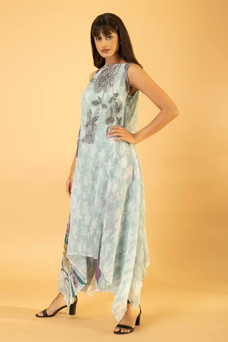 Shop Preeti Mehta Blue Lurex, Polyester Pearls, Embroidery Botanical Print Kaftan And Palazzo Set Online at Aza Fashions Shop_Preeti Mehta_Blue Lurex, Polyester Pearls, Embroidery Botanical Print Kaftan And Palazzo Set _Online_at_Aza_Fashions