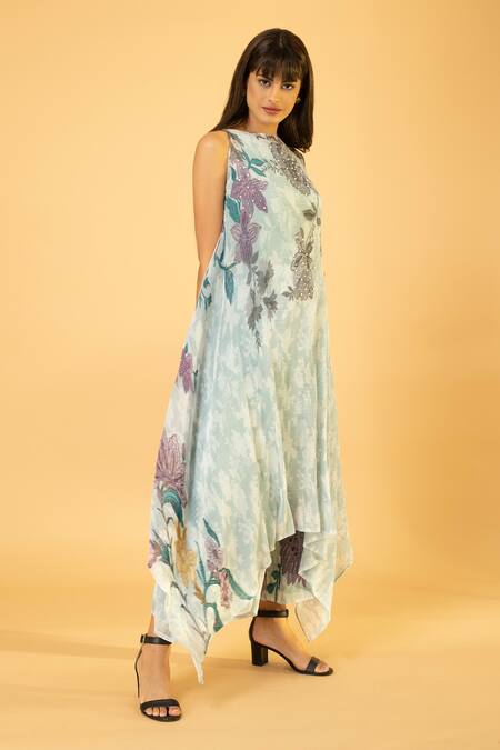 Preeti Mehta Blue Lurex, Polyester Pearls, Embroidery Botanical Print Kaftan And Palazzo Set at Aza Fashions Preeti Mehta_Blue Lurex, Polyester Pearls, Embroidery Botanical Print Kaftan And Palazzo Set _at_Aza_Fashions