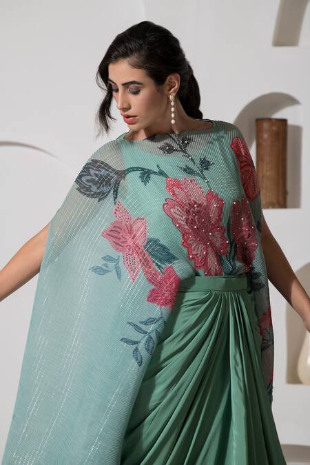 Shop Preeti Mehta Green Lurex, Viscose Embroidery, Pearls Boat Printed Kaftan And Dhoti Skirt Set Online at Aza Fashions Shop_Preeti Mehta_Green Lurex, Viscose Embroidery, Pearls Boat Printed Kaftan And Dhoti Skirt Set _Online_at_Aza_Fashions
