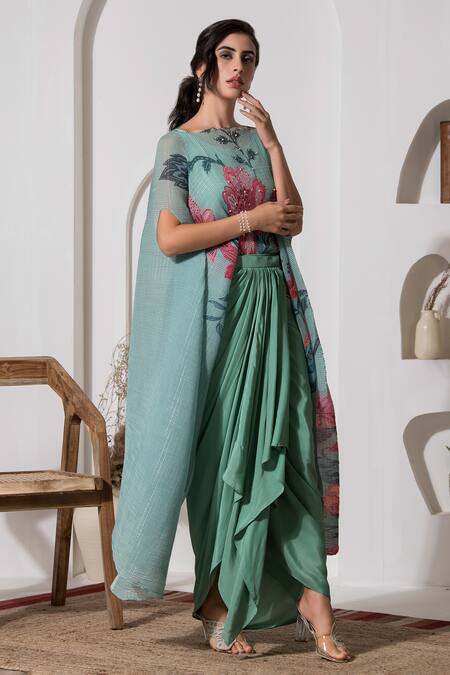 Preeti Mehta Green Lurex, Viscose Embroidery, Pearls Boat Printed Kaftan And Dhoti Skirt Set at Aza Fashions Preeti Mehta_Green Lurex, Viscose Embroidery, Pearls Boat Printed Kaftan And Dhoti Skirt Set _at_Aza_Fashions