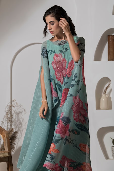 Preeti Mehta_Green Lurex, Polyester Embroidery, Pearls Boat Neck Printed Kaftan And Pant Set _Online_at_Aza_Fashions