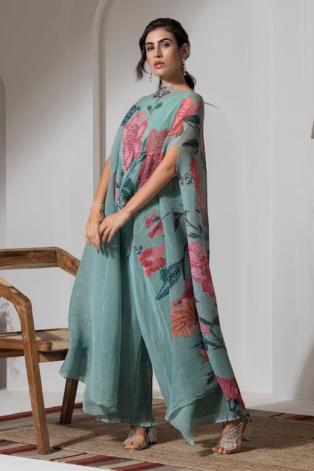 Buy_Preeti Mehta_Green Lurex, Polyester Embroidery, Pearls Boat Neck Printed Kaftan And Pant Set _Online_at_Aza_Fashions
