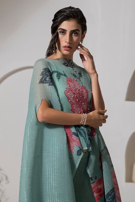 Shop_Preeti Mehta_Green Lurex, Polyester Embroidery, Pearls Boat Neck Printed Kaftan And Pant Set _Online_at_Aza_Fashions