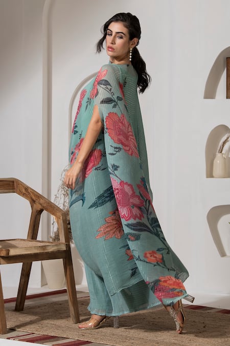 Preeti Mehta_Green Lurex, Polyester Embroidery, Pearls Boat Neck Printed Kaftan And Pant Set _at_Aza_Fashions