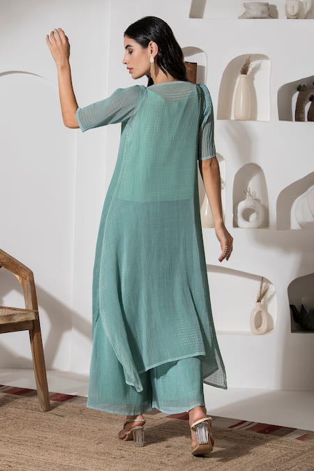 Shop Preeti Mehta Green Lurex, Polyester Pearls, Embroidery Florette Print Kaftan And Palazzo Set at Aza Fashions Shop_Preeti Mehta_Green Lurex, Polyester Pearls, Embroidery Florette Print Kaftan And Palazzo Set _at_Aza_Fashions