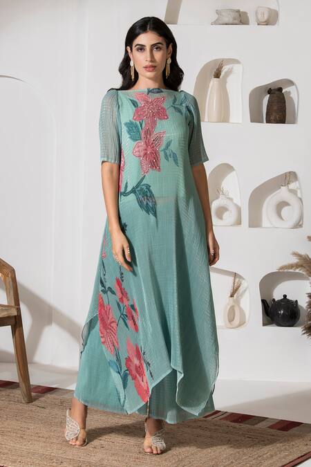Preeti Mehta Green Lurex, Polyester Pearls, Embroidery Florette Print Kaftan And Palazzo Set Online at Aza Fashions Preeti Mehta_Green Lurex, Polyester Pearls, Embroidery Florette Print Kaftan And Palazzo Set _Online_at_Aza_Fashions
