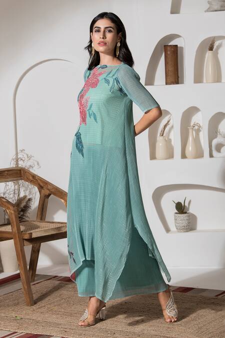 Shop Preeti Mehta Green Lurex, Polyester Pearls, Embroidery Florette Print Kaftan And Palazzo Set Online at Aza Fashions Shop_Preeti Mehta_Green Lurex, Polyester Pearls, Embroidery Florette Print Kaftan And Palazzo Set _Online_at_Aza_Fashions