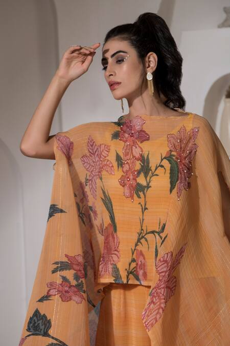 Shop Preeti Mehta Yellow Lurex, Polyester Embroidery High Floral Bloom Pattern Kaftan With Pant Online at Aza Fashions Shop_Preeti Mehta_Yellow Lurex, Polyester Embroidery High Floral Bloom Pattern Kaftan With Pant _Online_at_Aza_Fashions