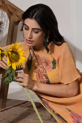 Buy_Preeti Mehta_Yellow Lurex, Polyester Embroidery Split Floral Bloom Pattern Kurta With Palazzo 
