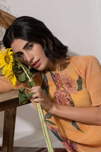 Shop_Preeti Mehta_Yellow Lurex, Polyester Embroidery Split Floral Bloom Pattern Kurta With Palazzo 