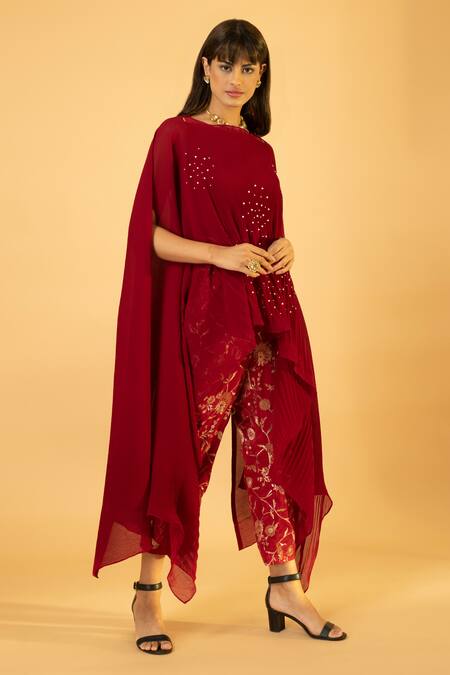 Preeti Mehta_Red Georgette, Viscose, Silk Pearls Round Embroidered Kaftan With Banarasi Pant _Online_at_Aza_Fashions