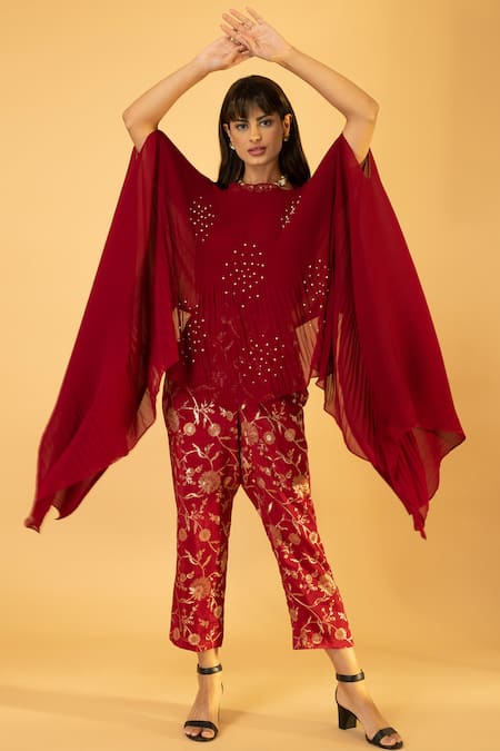 Buy_Preeti Mehta_Red Georgette, Viscose, Silk Pearls Round Embroidered Kaftan With Banarasi Pant _Online_at_Aza_Fashions