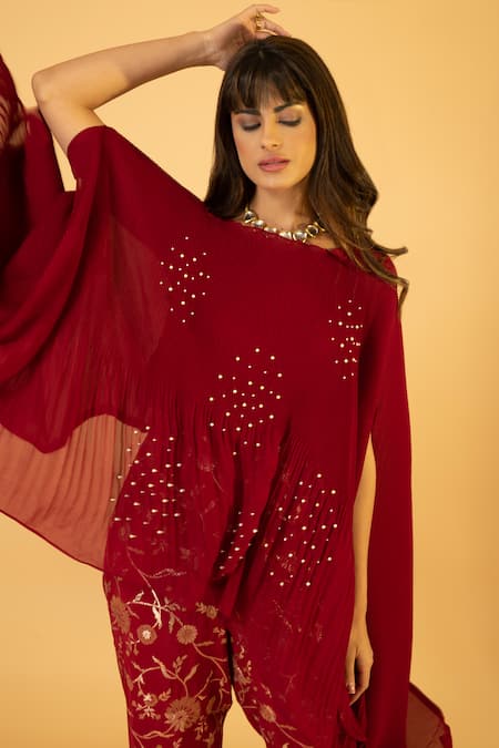 Shop_Preeti Mehta_Red Georgette, Viscose, Silk Pearls Round Embroidered Kaftan With Banarasi Pant _Online_at_Aza_Fashions