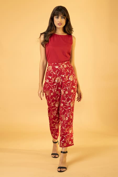 Preeti Mehta_Red Georgette, Viscose, Silk Pearls Round Embroidered Kaftan With Banarasi Pant _at_Aza_Fashions