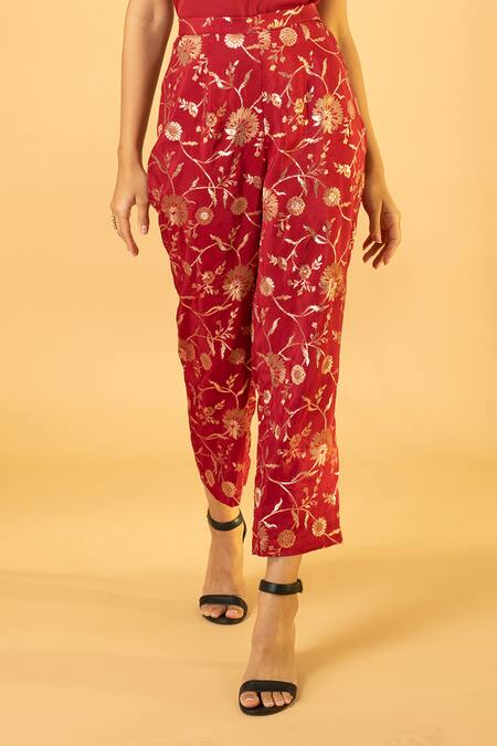 Buy_Preeti Mehta_Red Georgette, Viscose, Silk Pearls Round Embroidered Kaftan With Banarasi Pant 