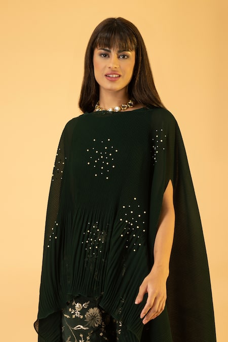 Preeti Mehta_Green Georgette, Viscose, Silk Pearls, Kaftan With Floral Banarasi Pant _Online_at_Aza_Fashions