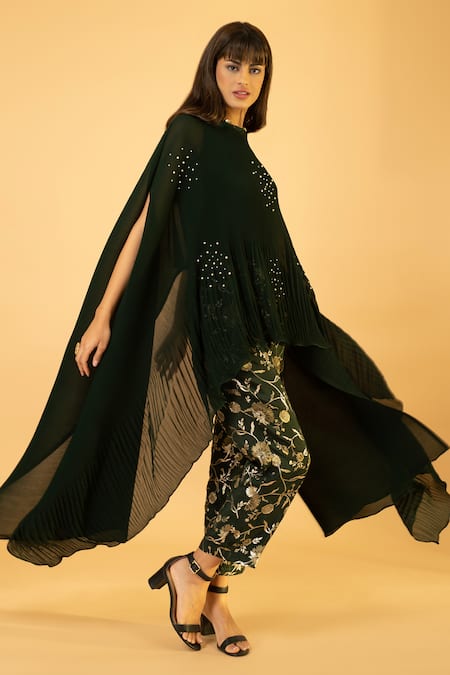 Buy_Preeti Mehta_Green Georgette, Viscose, Silk Pearls, Kaftan With Floral Banarasi Pant _Online_at_Aza_Fashions