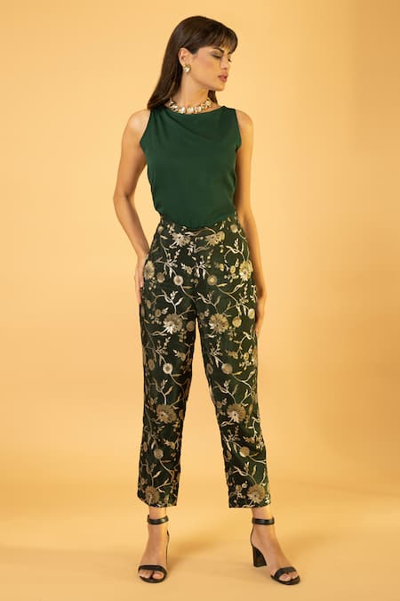 Preeti Mehta_Green Georgette, Viscose, Silk Pearls, Kaftan With Floral Banarasi Pant _at_Aza_Fashions
