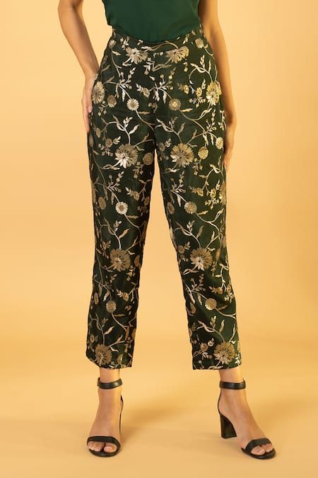 Buy_Preeti Mehta_Green Georgette, Viscose, Silk Pearls, Kaftan With Floral Banarasi Pant 